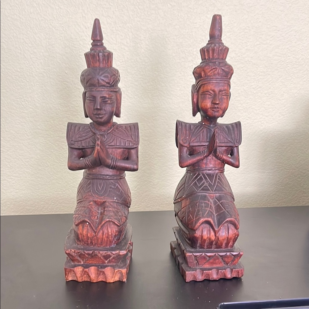 Pair of Balinese Hand-Carved Wooden Figurines – Praying Goddess Statues